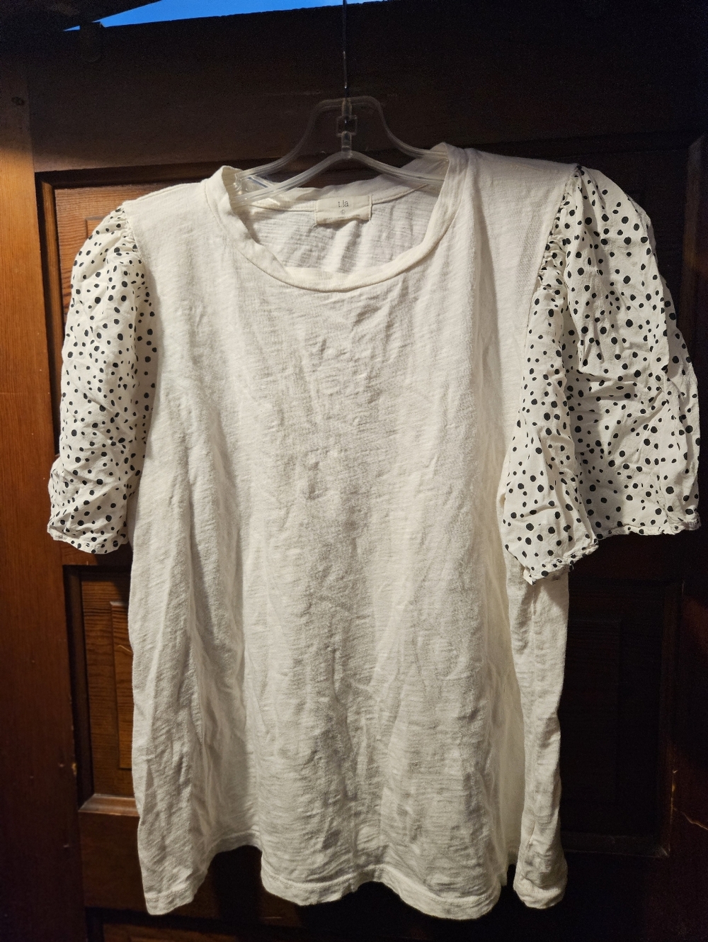 T.La Anthropologie White Top with Polka Dot Sleeve Detail Small Hole On Shoulder